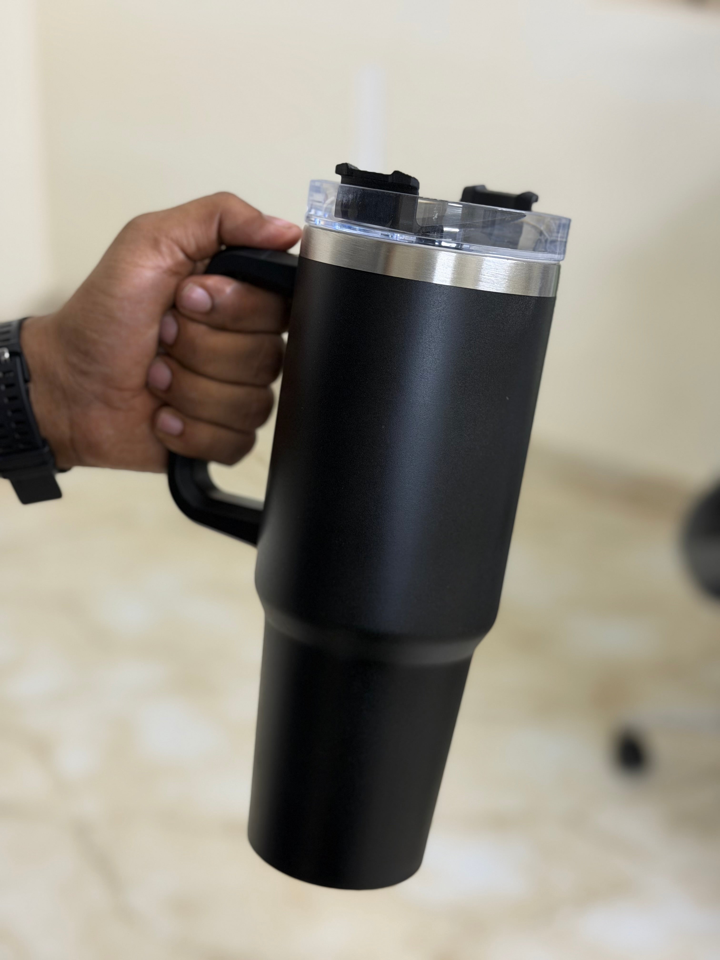 Black flask with transparent cap